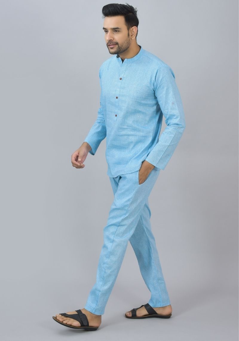 Men Cotton Solid Co-ord Set Sky Blue-46669