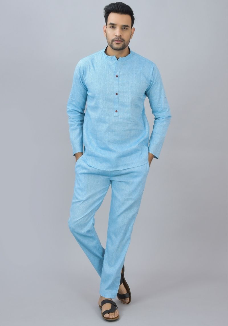 Men Cotton Solid Co-ord Set Sky Blue-46669