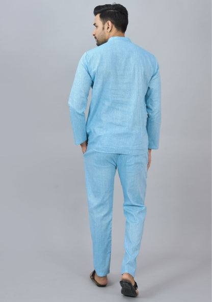 Men Cotton Solid Co-ord Set Sky Blue-46669
