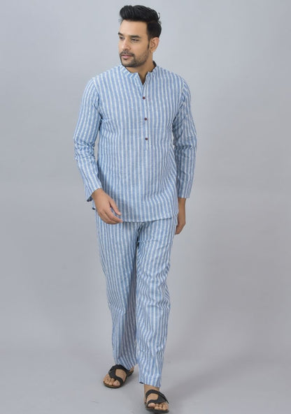 Men Cotton Stripe Co-ord Set Blue White-46671