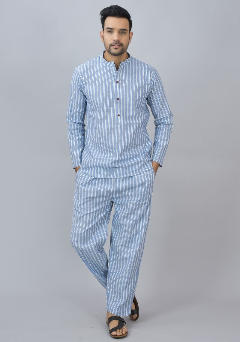 Men Cotton Stripe Co-ord Set Blue White-46671