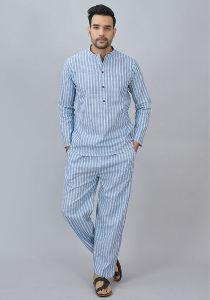 Men Cotton Stripe Co-ord Set Blue White-46671