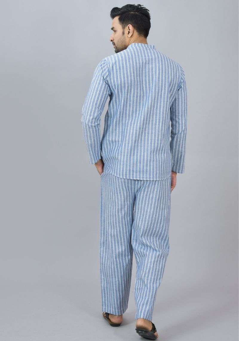 Men Cotton Stripe Co-ord Set Blue White-46671