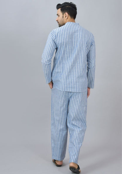 Men Cotton Stripe Co-ord Set Blue White-46671