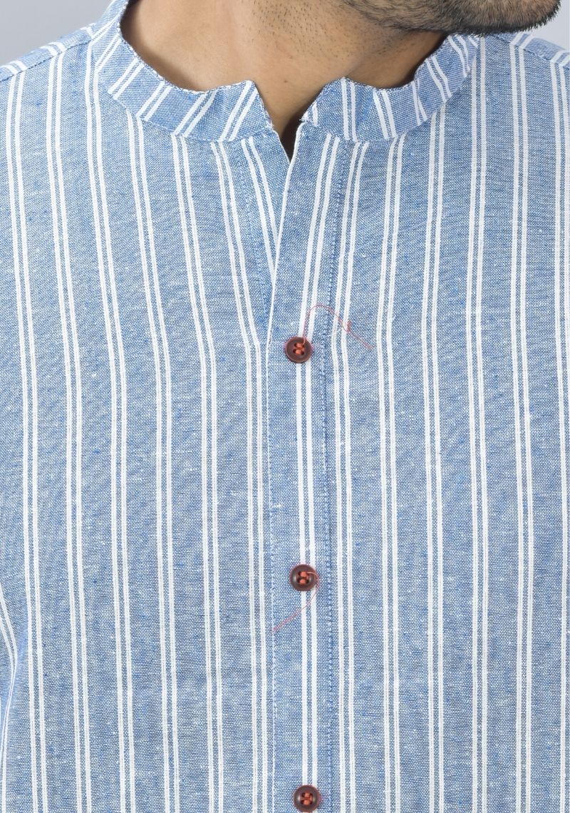 Men Cotton Stripe Co-ord Set Blue White-46671