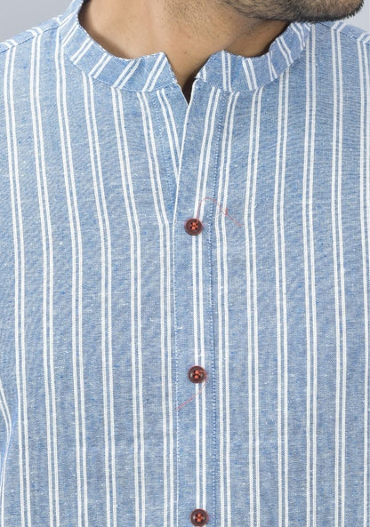 Men Cotton Stripe Co-ord Set Blue White-46671