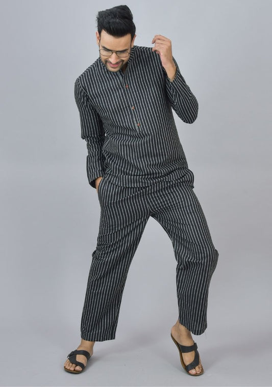 Men Cotton Stripe Co-ord Set Black White-46672