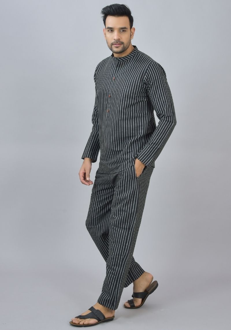 Men Cotton Stripe Co-ord Set Black White-46672