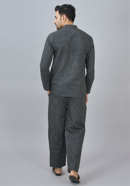 Men Cotton Stripe Co-ord Set Black White-46672
