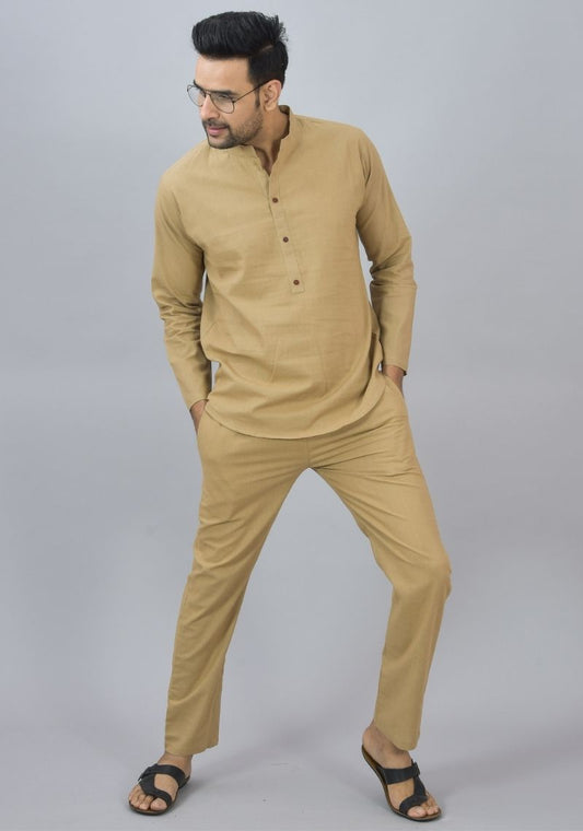 Men Cotton Solid Co-ord Set Beige-46673