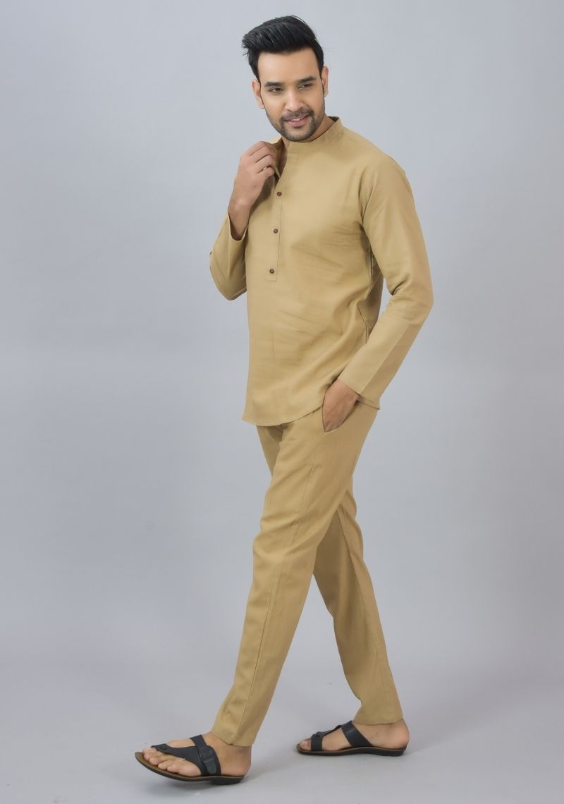 Men Cotton Solid Co-ord Set Beige-46673