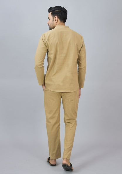 Men Cotton Solid Co-ord Set Beige-46673