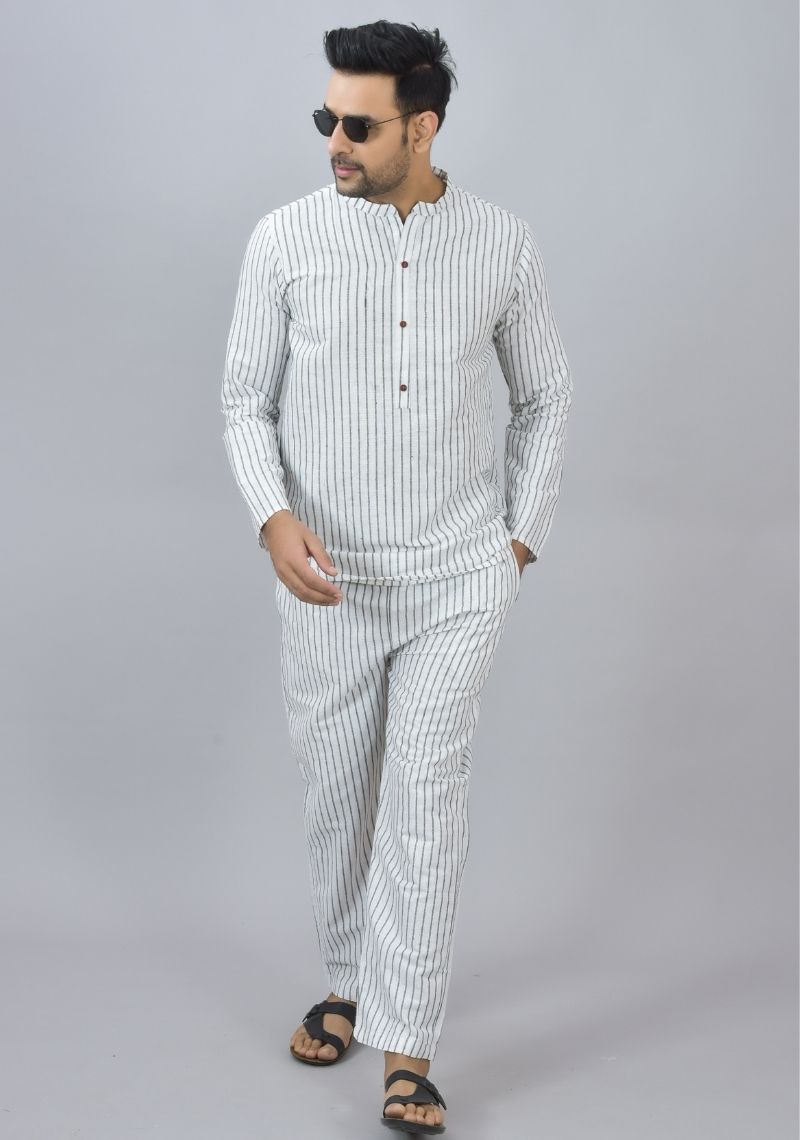 Men Cotton Stripe Co-ord Set White Black-46674