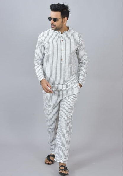 Men Cotton Stripe Co-ord Set White Black-46674
