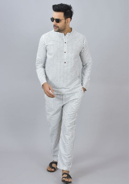Men Cotton Stripe Co-ord Set White Black-46674