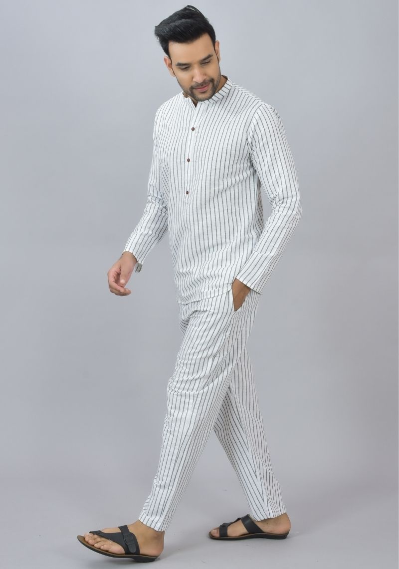 Men Cotton Stripe Co-ord Set White Black-46674