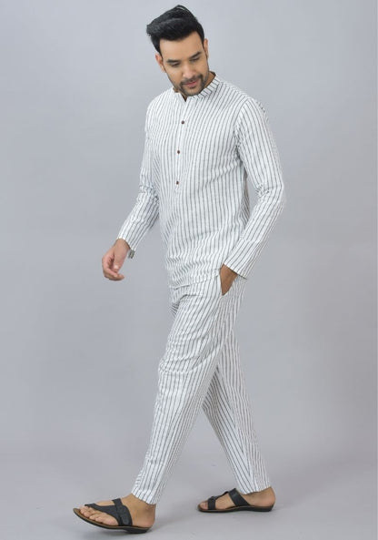 Men Cotton Stripe Co-ord Set White Black-46674
