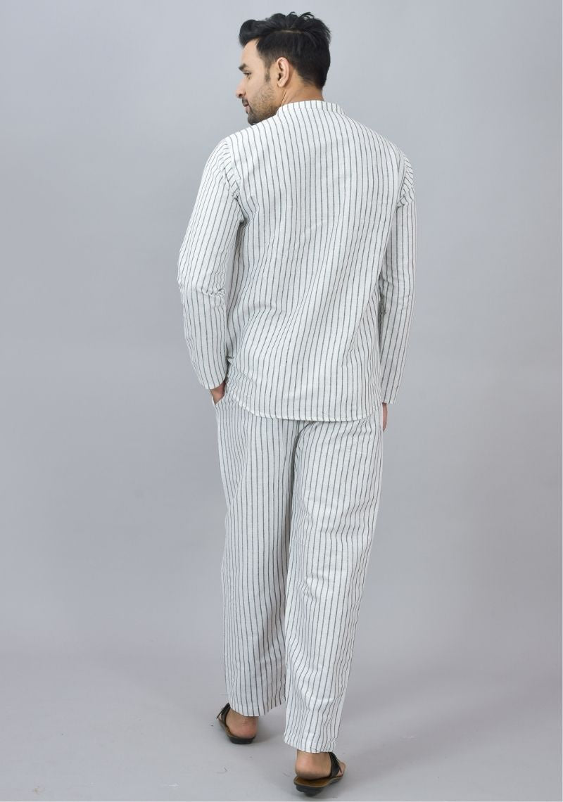 Men Cotton Stripe Co-ord Set White Black-46674
