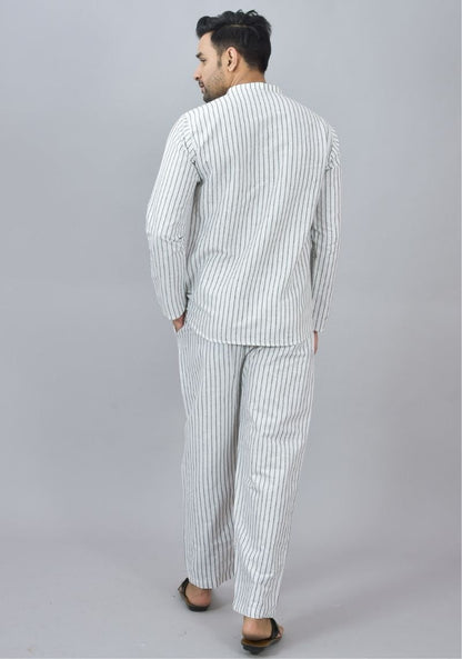 Men Cotton Stripe Co-ord Set White Black-46674