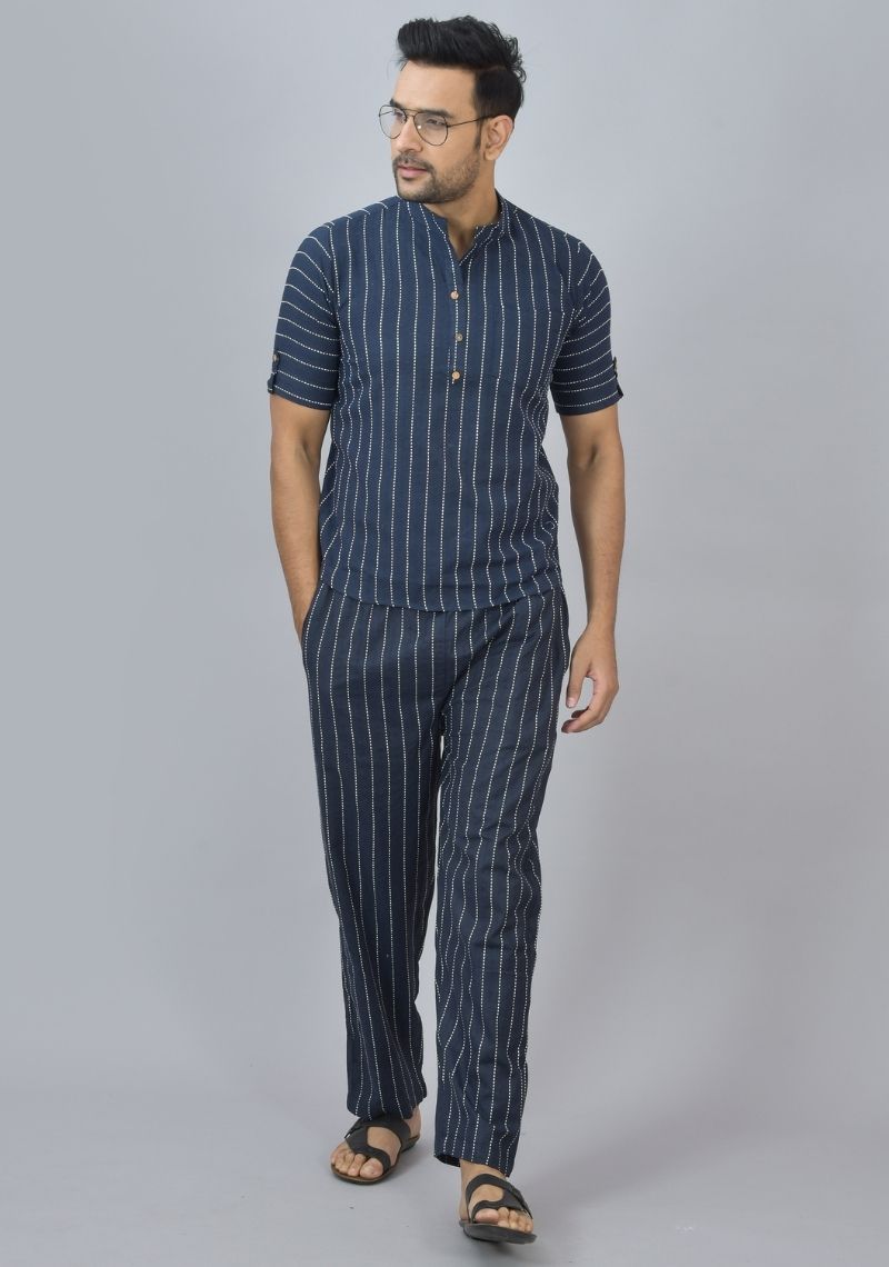 Men Cotton Stripe Co-ord Set Navy Blue White-46675