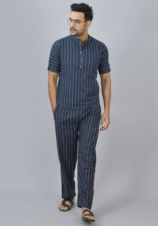 Men Cotton Stripe Co-ord Set Navy Blue White-46675