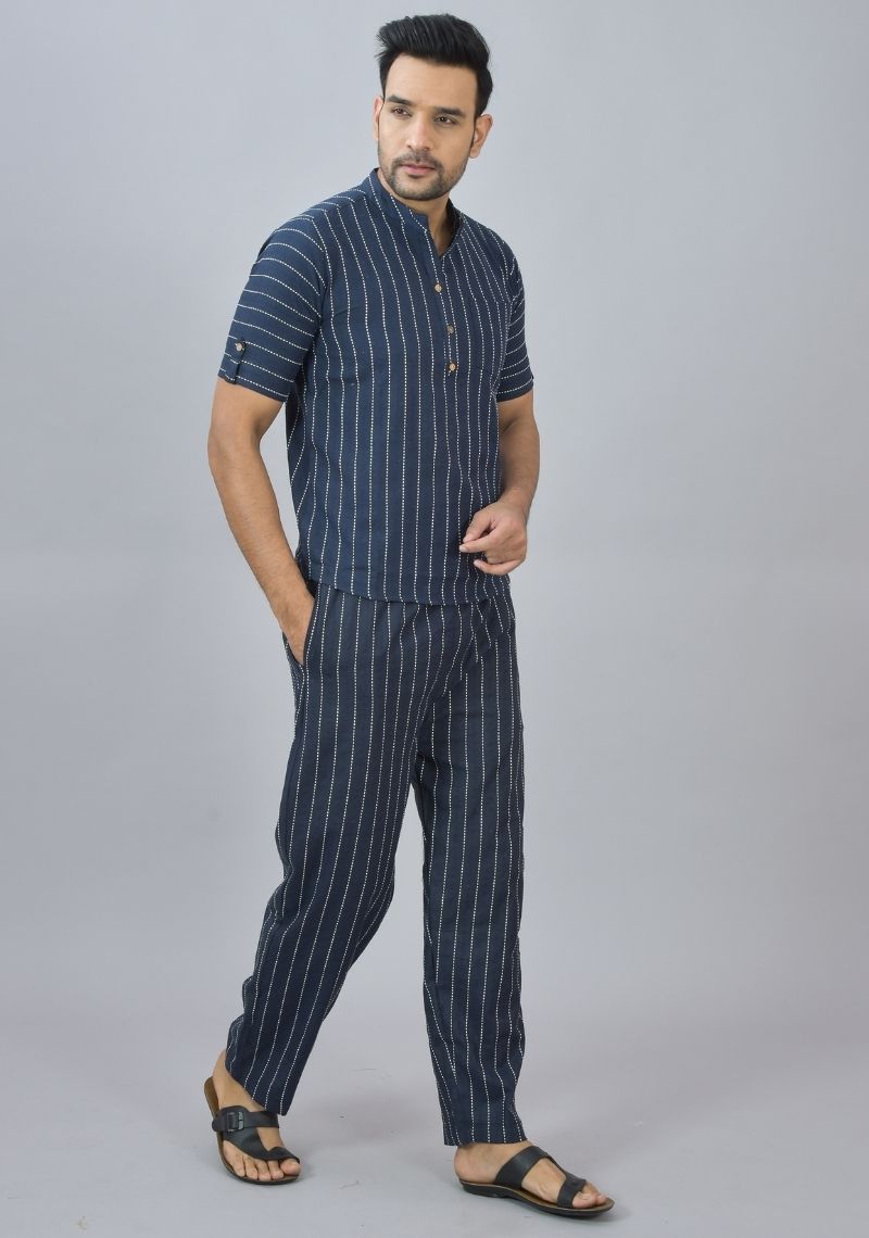 Men Cotton Stripe Co-ord Set Navy Blue White-46675