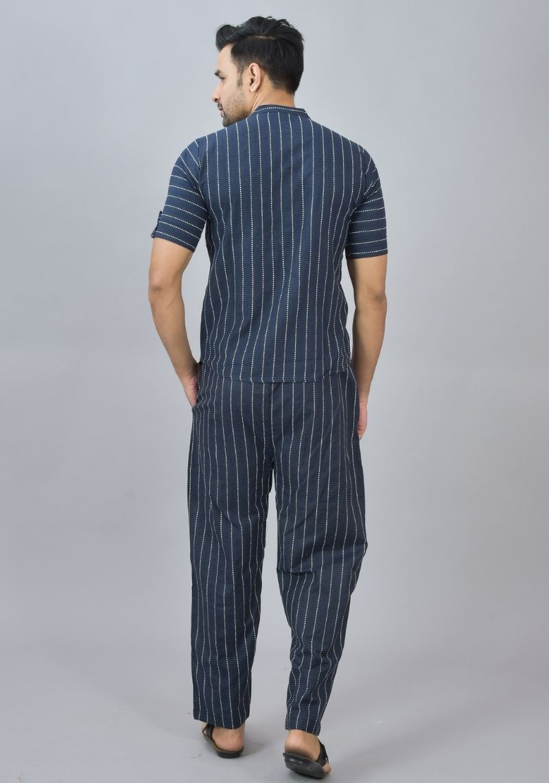 Men Cotton Stripe Co-ord Set Navy Blue White-46675