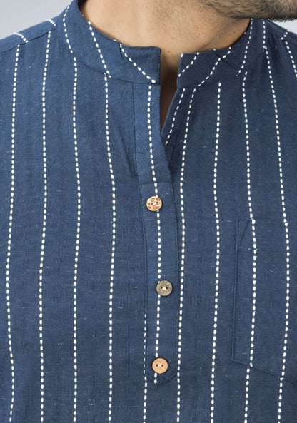 Men Cotton Stripe Co-ord Set Navy Blue White-46675