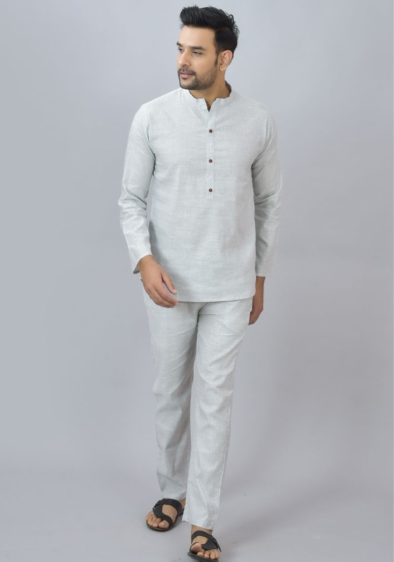 Men Cotton Solid Co-ord Set Light Gray-46676