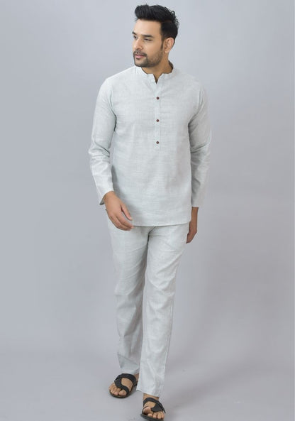 Men Cotton Solid Co-ord Set Light Gray-46676