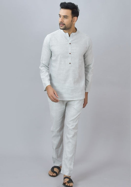 Men Cotton Solid Co-ord Set Light Gray-46676