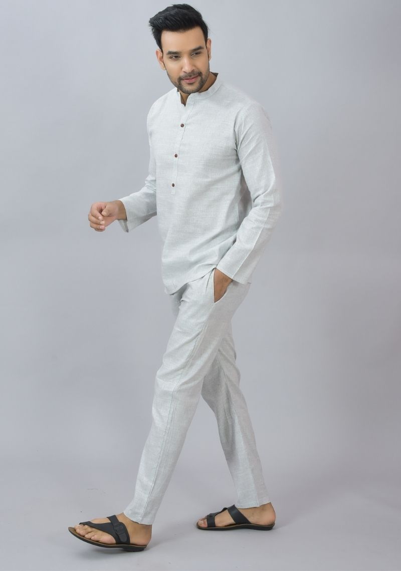 Men Cotton Solid Co-ord Set Light Gray-46676