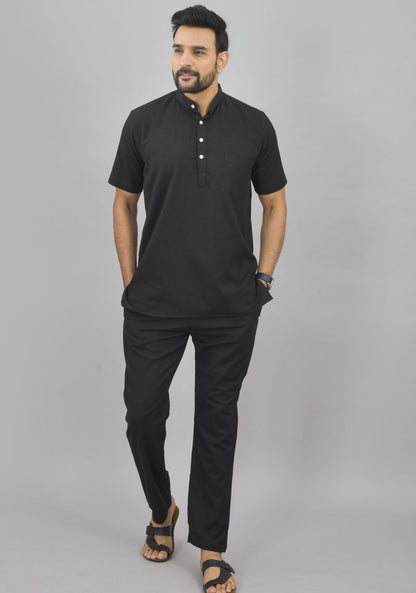 Men Cotton Solid Co-ord Set Black-46994