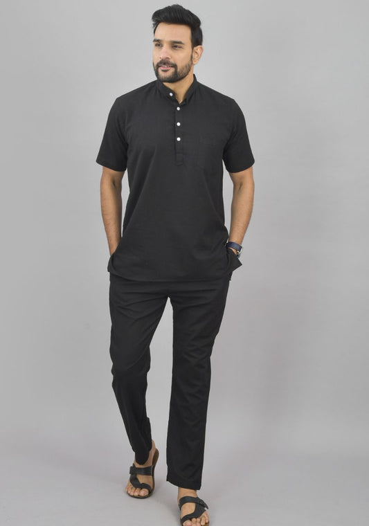 Men Cotton Solid Co-ord Set Black-46994