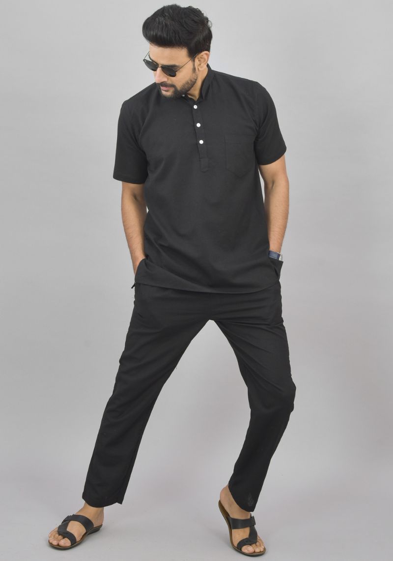 Men Cotton Solid Co-ord Set Black-46994