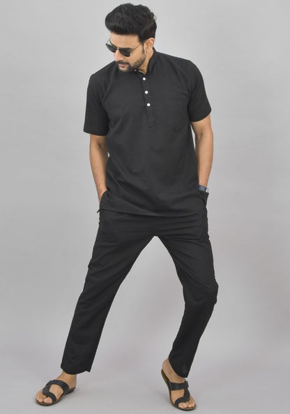 Men Cotton Solid Co-ord Set Black-46994