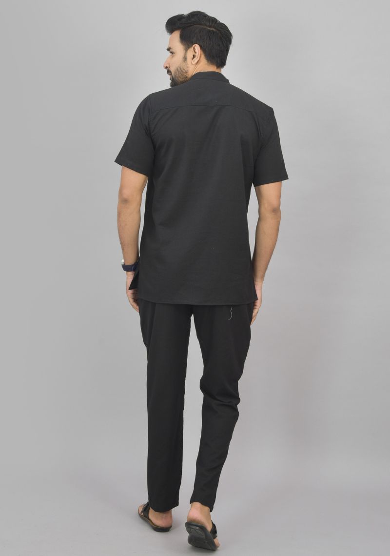 Men Cotton Solid Co-ord Set Black-46994