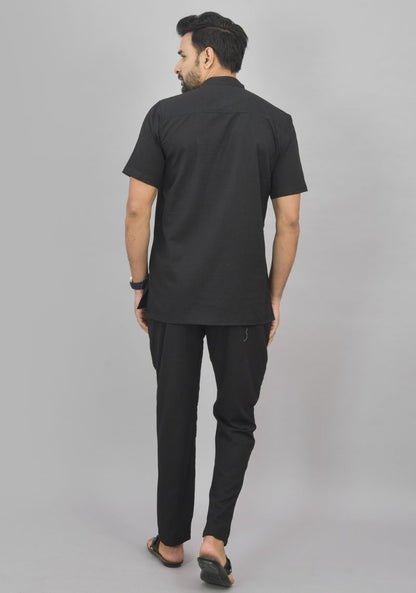 Men Cotton Solid Co-ord Set Black-46994