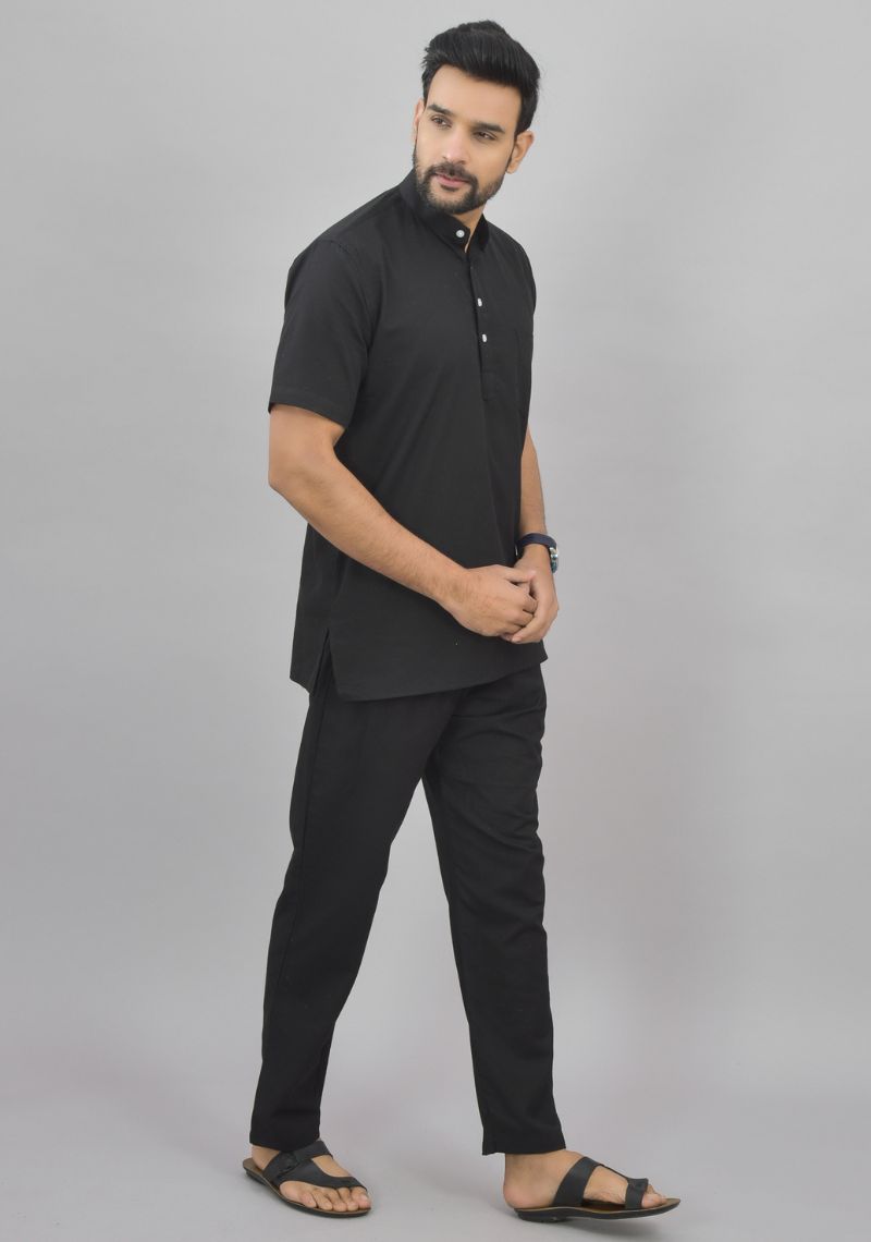 Men Cotton Solid Co-ord Set Black-46994