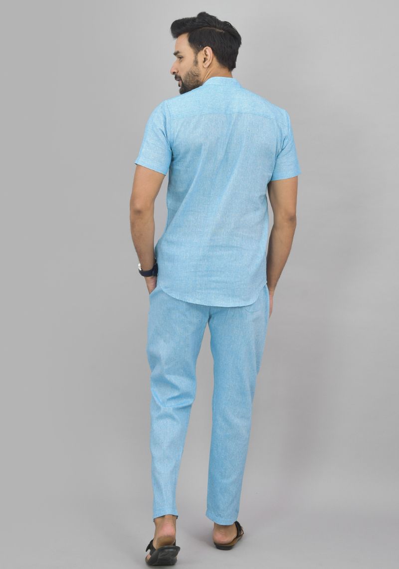 Men Cotton Solid Co-ord Set Sky Blue-46995