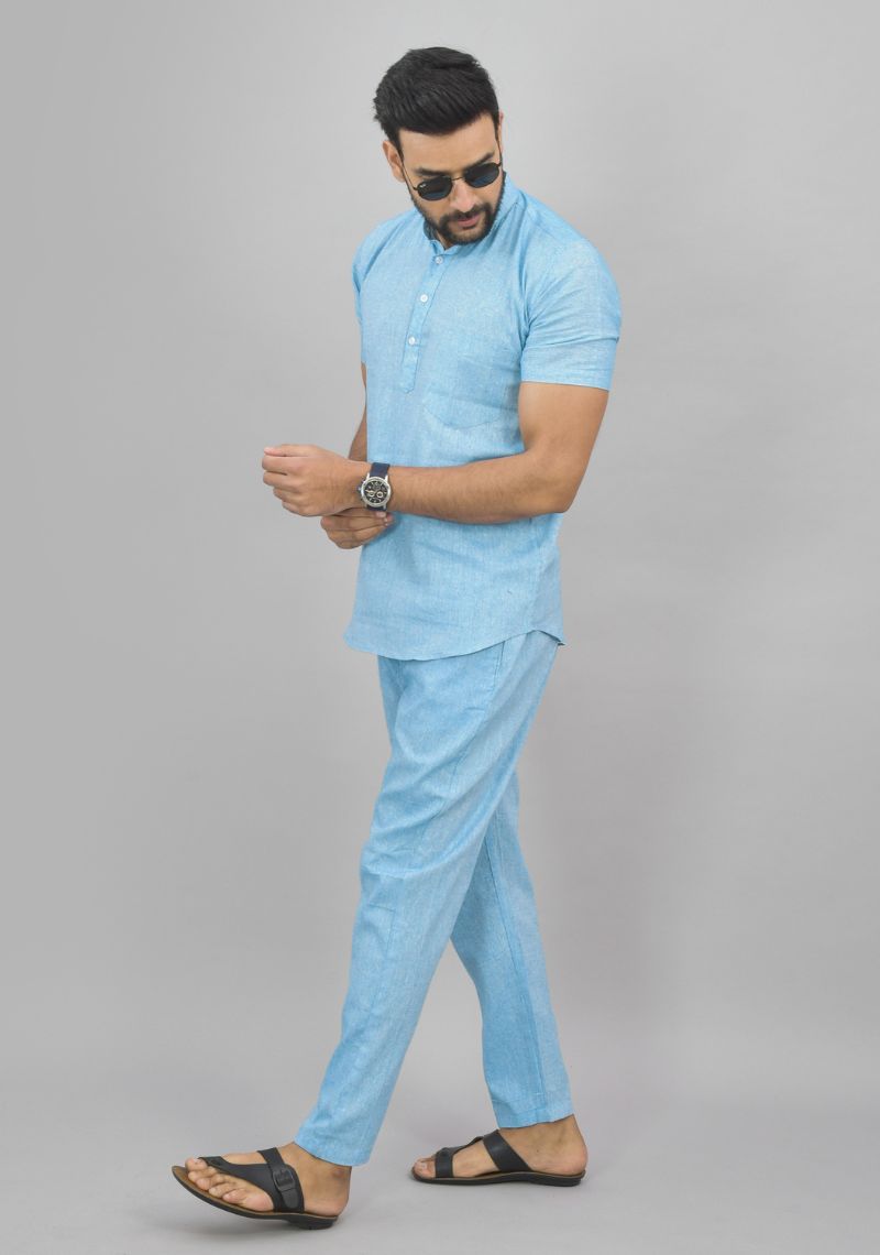 Men Cotton Solid Co-ord Set Sky Blue-46995