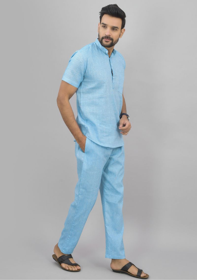 Men Cotton Solid Co-ord Set Sky Blue-46995