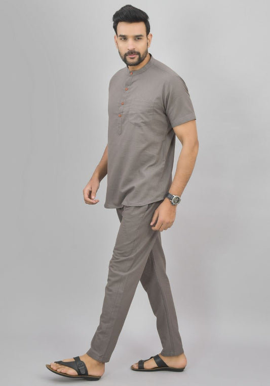 Men Cotton Solid Co-ord Set Gray-46996