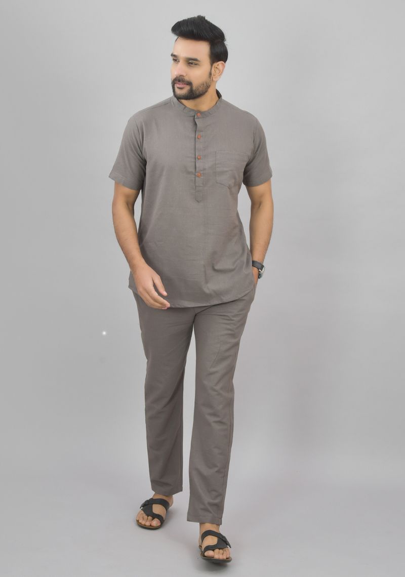 Men Cotton Solid Co-ord Set Gray-46996