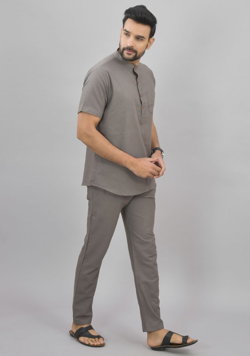 Men Cotton Solid Co-ord Set Gray-46996