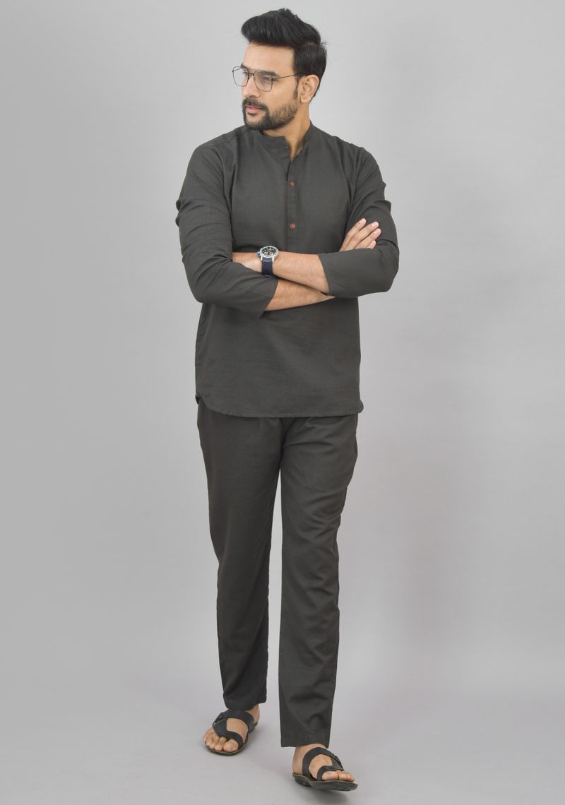 Men Cotton Solid Co-ord Set Dark Gray-46997