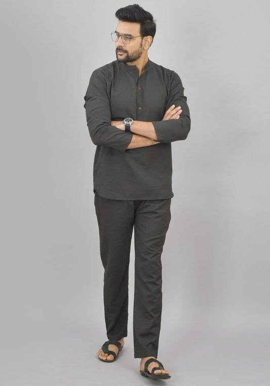 Men Cotton Solid Co-ord Set Dark Gray-46997