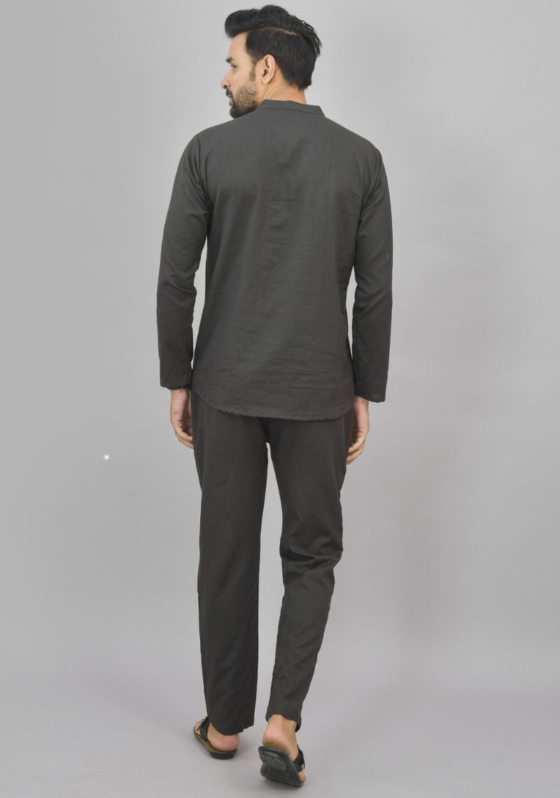Men Cotton Solid Co-ord Set Dark Gray-46997