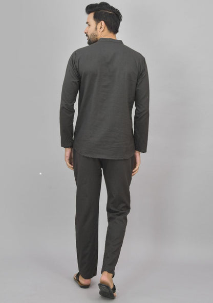 Men Cotton Solid Co-ord Set Dark Gray-46997