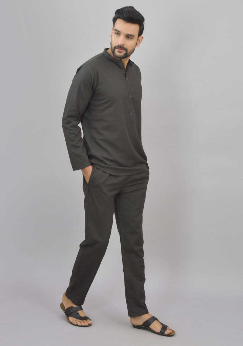Men Cotton Solid Co-ord Set Dark Gray-46997